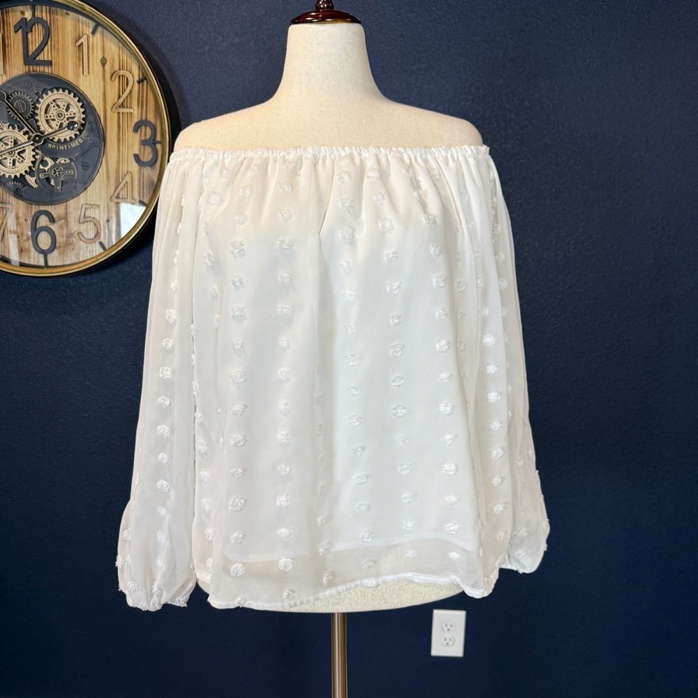 Miss Sparkling White Swiss Dot Off-Shoulder Blouse | Size Large - Picture 2 of 9